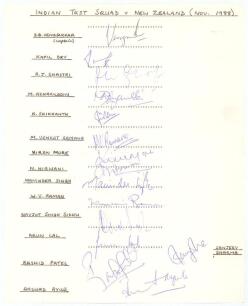 India team 1988/89. Autograph sheet with handwritten title and players&rsquo; names, signed in ink by fifteen listed members of the Indian team selected to play New Zealand in the Test series in India. Signatures are Vengsarkar (Captain), Kapil Dev, Shastri, Sr
