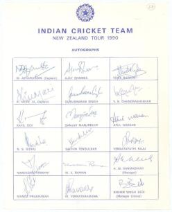 India tour to New Zealand 1990. Official autograph sheet with printed title and players&rsquo; names, signed in ink by all eighteen listed members of the Indian touring party. Signatures are Azharuddin (Cpt), More, Kapil Dev, Vengsarkar, Hirwani, Prabhakar, Sha
