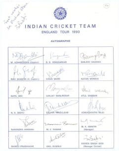 India tour to England 1990. Official autograph sheet with printed title and players&rsquo; names, signed in ink by all eighteen listed members of the Indian touring party. Signatures are Azharuddin (Cpt), Shastri, Kapil Dev, Sidhu, Hirwani, Prabhakar, Vengsarka