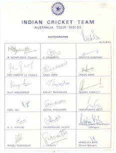 India tour to Australia 1991/92. Rarer official autograph sheet with printed title and players&rsquo; names, signed in ink by all eighteen listed members of the Indian touring party. Signatures are Azharuddin (Captain), Shastri, Vengsarkar, Kapil Dev, Hirwani, 