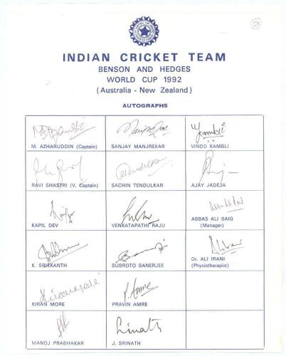 India tour to Australia & New Zealand. World Cup 1992. Rarer official autograph sheet with printed title and players&rsquo; names, signed in ink by all sixteen listed members of the Indian touring party. Signatures are Azharuddin (Captain), Shastri, Kapil Dev, 
