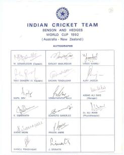 India tour to Australia & New Zealand. World Cup 1992. Rarer official autograph sheet with printed title and players&rsquo; names, signed in ink by all sixteen listed members of the Indian touring party. Signatures are Azharuddin (Captain), Shastri, Kapil Dev, 