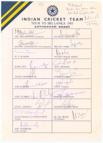 India tour to Sri Lanka 1993. Rarer official autograph sheet with printed title and players&rsquo; names, fully signed in ink by all nineteen of the listed members of the Indian touring party. Signatures are Azharuddin (Captain), Tendulkar, Raman, Kapil Dev, Pr