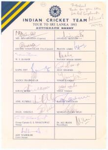 India tour to Sri Lanka 1993. Rarer official autograph sheet with printed title and players&rsquo; names, fully signed in ink by all nineteen of the listed members of the Indian touring party. Signatures are Azharuddin (Captain), Tendulkar, Raman, Kapil Dev, Pr