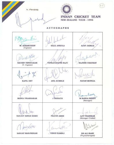 India tour to New Zealand 1994. Rarer official autograph sheet with printed title and players&rsquo; names, fully signed in ink by all eighteen of the listed members of the Indian touring party. Signatures are Azharuddin (Captain), Tendulkar, Kapil Dev, Prabhak