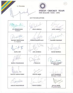 India tour to New Zealand 1994. Rarer official autograph sheet with printed title and players&rsquo; names, fully signed in ink by all eighteen of the listed members of the Indian touring party. Signatures are Azharuddin (Captain), Tendulkar, Kapil Dev, Prabhak