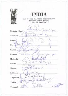 India. B.S.I. World Masters Cricket Cup, India 1995. Official pre-printed autograph card for the India team who took part in the competition held at the Brabourne Stadium, Bombay, 3rd- 12th March 1995. Thirteen signatures of Gavaskar (Cpt), Vishwanath, Ve