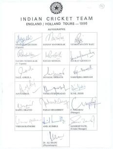 India tour to England & Holland 1996. Official autograph sheet with printed title and players&rsquo; names, fully signed in ink by all nineteen of the listed members of the Indian touring party. Signatures are Azharuddin (Captain), Tendulkar, Sidhu, Jadeja, Dra