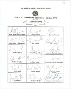 India tour to Zimbabwe 1998. Official autograph sheet with printed title and players&rsquo; names, fully signed in ink by all eighteen of the listed members of the Indian touring party. Signatures are Azharuddin (Cpt), Kumble, Srinath, Mohanty, Jadeja, Rahul Sa
