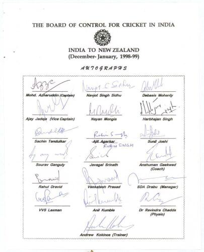 India tour to New Zealand 1998/99. Official autograph sheet with printed title and players&rsquo; names, fully signed in ink by all nineteen of the listed members of the Indian touring party. Signatures include Azharuddin (Cpt), Sidhu, Jadeja, Mongia, Harbhajan