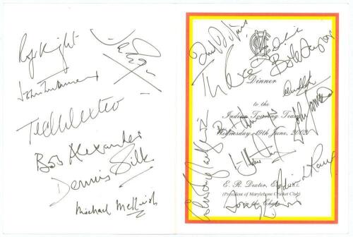 India tour of England 2002. Official M.C.C. menu for the &lsquo;Dinner to the Indian Touring Team&rsquo; held on the 19th June 2002 at Lord&rsquo;s. Profusely signed by guests at the Dinner including all of the Indian players, signatures include Tendulkar, Dravid, Kumble, 