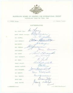Australian tour to England 1968. Official autograph sheet with printed title and players&rsquo; names, fully signed in ink by all seventeen members of the touring party. Signatures are Lawry (Captain), Jarman, Chappell, Connolly, Cowper, Freeman, Gleeson, Hawke