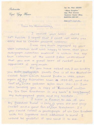 Indian Test cricketers. Three handwritten letters, two two page and the other one, signed by Indian Test cricketers replying to requests for signed photographs/autographs from various correspondents. Signatures are Vijay Hazare (thirty Tests, 1946-1953) 