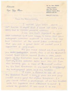 Indian Test cricketers. Three handwritten letters, two two page and the other one, signed by Indian Test cricketers replying to requests for signed photographs/autographs from various correspondents. Signatures are Vijay Hazare (thirty Tests, 1946-1953) 