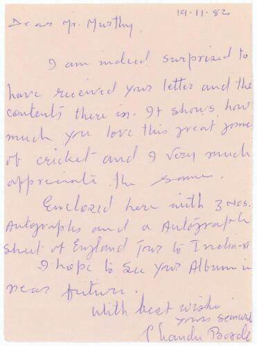 Indian Test cricketers. Three handwritten single page letters signed by Indian Test cricketers replying to requests for signed photographs/autographs from the various correspondents. Signatures are Chandrakant Borde (fifty five Tests, 1958-1969) dated Nov
