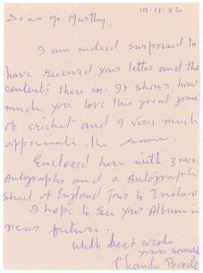 Indian Test cricketers. Three handwritten single page letters signed by Indian Test cricketers replying to requests for signed photographs/autographs from the various correspondents. Signatures are Chandrakant Borde (fifty five Tests, 1958-1969) dated Nov