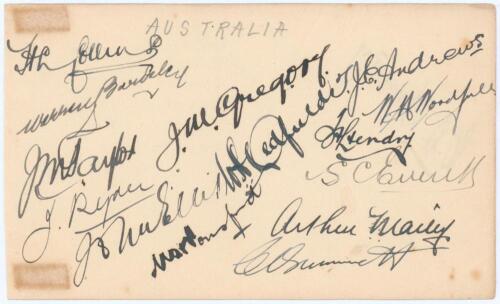 Australia tour to England 1926. Album page nicely signed in black ink to one side by fourteen members of the Australian touring party. Signatures are Collins (Captain), Bardsley, Taylor, Ryder, Elllis, Gregory, Oldfield, Ponsford, Andrews, Woodfull, Hendr