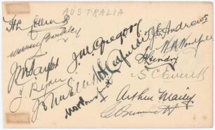 Australia tour to England 1926. Album page nicely signed in black ink to one side by fourteen members of the Australian touring party. Signatures are Collins (Captain), Bardsley, Taylor, Ryder, Elllis, Gregory, Oldfield, Ponsford, Andrews, Woodfull, Hendr
