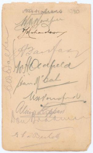 Australia tour to England 1930. Album page signed in pencil (one in ink) by ten members of the Australian touring party. Signatures are Woodfull (Captain), Richardson (signed in ink), Fairfax, Oldfield, McCabe, Ponsford, Kippax, Bradman, a&rsquo;Beckett and Wal