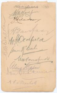 Australia tour to England 1930. Album page signed in pencil (one in ink) by ten members of the Australian touring party. Signatures are Woodfull (Captain), Richardson (signed in ink), Fairfax, Oldfield, McCabe, Ponsford, Kippax, Bradman, a&rsquo;Beckett and Wal