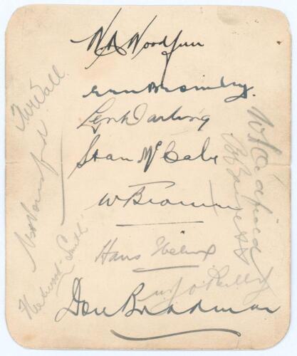 Australia tour to England 1934. Small album page signed in ink and pencil by thirteen members of the Australian touring party. Six are nicely signed in black ink, of Woodfull (Captain), Bromley, Darling, McCabe, Brown and Bradman. The other signatures in 