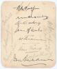 Australia tour to England 1934. Small album page signed in ink and pencil by thirteen members of the Australian touring party. Six are nicely signed in black ink, of Woodfull (Captain), Bromley, Darling, McCabe, Brown and Bradman. The other signatures in 