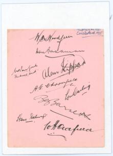 Australia tour to England 1934. Album page very nicely signed in black ink by ten members of the Australian touring party. Signatures are Woodfull (Captain), Bradman, Kippax, Chipperfield, Darling, Barnett, Ebeling, Oldfield, Ponsford and Fleetwood-Smith.