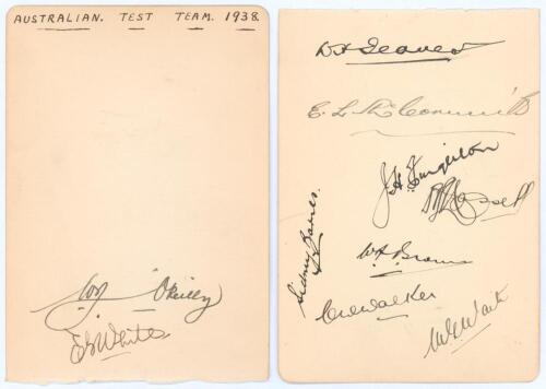 Australia tour to England 1938. Two album pages very nicely signed in black ink by ten members of the Australian touring party. Signatures are McCormick, Fingleton, Hassett, Brown, Walker, Waite, Barnes, O&rsquo;Reilly, White and the manager, Jeanes. Very good 