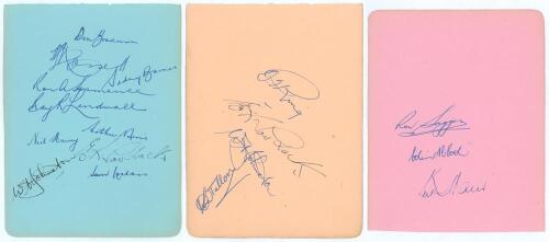 Australia tour to England 1948. Three large album pages comprising seventeen signatures in ink of the Australian touring party. Signatures are Bradman (Captain), Hassett, Barnes, Hammence, Lindwall, Morris, Harvey, Toshack (signed twice), Johnston (twice)