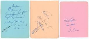 Australia tour to England 1948. Three large album pages comprising seventeen signatures in ink of the Australian touring party. Signatures are Bradman (Captain), Hassett, Barnes, Hammence, Lindwall, Morris, Harvey, Toshack (signed twice), Johnston (twice)
