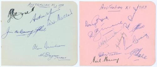 Australia tour to England 1953. Two album pages comprising seventeen signatures in ink of the Australian touring party. Signatures are Hassett (Captain), Morris, Miller, de Courcy, Hill (signed twice), Davidson, Ring, Benaud, Archer, Johnston, Langley, Cr