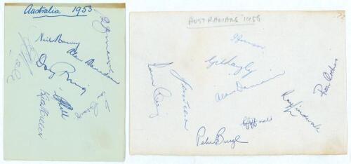 Australia tours to England 1953 & 1956. Two album pages, one signed in ink by eight members of the 1953 tour, the other by nine of the 1956 tour. 1953 tour signatures are Harvey, Benaud, Davidson, Hole, Ring, Craig, Hill and Miller. 1956 signatures are Jo