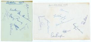 Australia tours to England 1953 & 1956. Two album pages, one signed in ink by eight members of the 1953 tour, the other by nine of the 1956 tour. 1953 tour signatures are Harvey, Benaud, Davidson, Hole, Ring, Craig, Hill and Miller. 1956 signatures are Jo