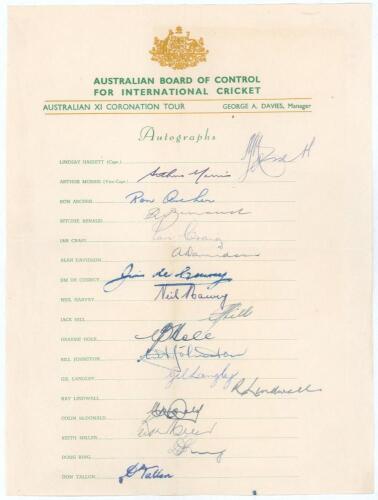 Australian tour to England 1953. &lsquo;Australian XI Coronation Tour&rsquo;. Official autograph sheet with printed title and players&rsquo; names, fully signed in ink by all seventeen members of the touring party. Signatures are Hassett (Captain), Morris, Archer, Benaud, 