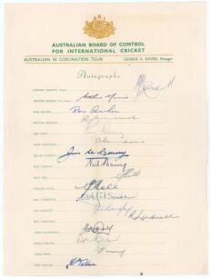 Australian tour to England 1953. &lsquo;Australian XI Coronation Tour&rsquo;. Official autograph sheet with printed title and players&rsquo; names, fully signed in ink by all seventeen members of the touring party. Signatures are Hassett (Captain), Morris, Archer, Benaud, 