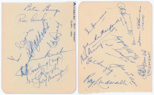 Australia tours to England 1956 & 1961. Two album pages comprising twenty signatures in ink of the 1956 touring party. Players&rsquo; signatures are Johnson (Captain), Rutherford, Harvey, Langley, Lindwall, Crawford, Wilson, Mackay, Benaud, Davidson, Burge, Arc