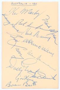 Australia tour to England 1961. Album page signed in ink by twelve members of the 1961 Australian touring party. Signatures are Mackay, Simpson, Kline, Misson, Harvey, O&rsquo;Neill, Lawry, Davidson, Grout, Quick, McKenzie and Booth. The page appears to be slig