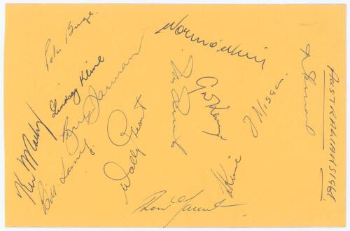 Australia tour to England 1961. Album page signed in ink by twelve members of the 1961 touring party. Players&rsquo; signatures are Benaud (Captain), Misson, O&rsquo;Neill, McKenzie, Kline (signed twice), Quick, Gaunt, Grout, Burge, Jarman, Lawry and Mackay. Very goo
