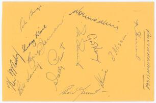 Australia tour to England 1961. Album page signed in ink by twelve members of the 1961 touring party. Players&rsquo; signatures are Benaud (Captain), Misson, O&rsquo;Neill, McKenzie, Kline (signed twice), Quick, Gaunt, Grout, Burge, Jarman, Lawry and Mackay. Very goo