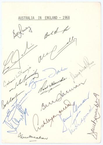 &lsquo;Australia in England 1968&rsquo;. White card with printed title, fully signed in ink by all seventeen members of the 1968 Australian touring party. Signatures are Lawry (Captain), Joslin, Connolly, McKenzie, Inverarity, Taber, Walters, Hawke, Cowper, Freeman, 