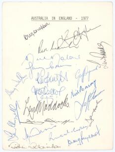 &lsquo;Australia in England 1977&rsquo;. White card with printed title, fully signed in ink by all eighteen members of the 1977 Australian touring party. Signatures are G. Chappell (Captain), Hughes, Marsh, Malone, Cosier, Pascoe, Walters, Bright, Dymock, Walker, Tho