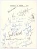 &lsquo;Australia in England 1977&rsquo;. White card with printed title, fully signed in ink by all eighteen members of the 1977 Australian touring party. Signatures are G. Chappell (Captain), Hughes, Marsh, Malone, Cosier, Pascoe, Walters, Bright, Dymock, Walker, Tho