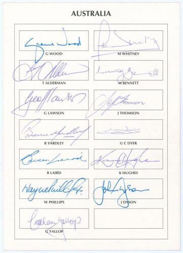 Australia. BSI World Masters Cricket Cup, Bombay, March 1995. Official autograph sheet/card for the Australian team who took part in the competition. Thirteen signatures in ink of Wood, Whitney, Alderman, Bennett, Lawson, Thomson, Yardley, Dyer, Laird, K.