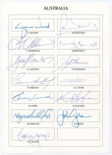 Australia. BSI World Masters Cricket Cup, Bombay, March 1995. Official autograph sheet/card for the Australian team who took part in the competition. Thirteen signatures in ink of Wood, Whitney, Alderman, Bennett, Lawson, Thomson, Yardley, Dyer, Laird, K.