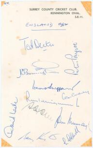 England v Pakistan 1962. Surrey C.C.C. headed notepaper signed in ink by the eleven members of the England team for the 5th Test at The Oval, 16th- 20th August 1962. England won by ten wickets. Signatures are Dexter (Captain), Barrington, Parfitt, Sheppar