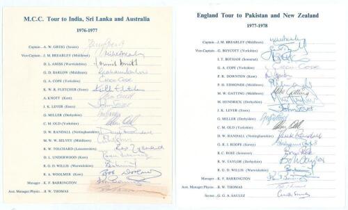 M.C.C./ England tours to India, Sri Lanka & Australia 1976/77 and to Pakistan & New Zealand 1977/78. Two official autograph sheets with printed titles and players&rsquo; names. Both sheets nicely and fully signed in ink by all eighteen and nineteen members of t