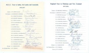 M.C.C./ England tours to India, Sri Lanka & Australia 1976/77 and to Pakistan & New Zealand 1977/78. Two official autograph sheets with printed titles and players&rsquo; names. Both sheets nicely and fully signed in ink by all eighteen and nineteen members of t
