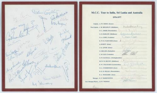 England v Australia Centenary Test 1977. Sheet of paper signed by over thirty England players including Compton, Larwood, Wardle, Paynter, Ikin, Parfitt, Watson, Barnett, Voce, Cowdrey, Loader, Hardstaff, Yardley, F.R. Brown, Insole, Tyson etc. Slight fad