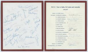 England v Australia Centenary Test 1977. Sheet of paper signed by over thirty England players including Compton, Larwood, Wardle, Paynter, Ikin, Parfitt, Watson, Barnett, Voce, Cowdrey, Loader, Hardstaff, Yardley, F.R. Brown, Insole, Tyson etc. Slight fad