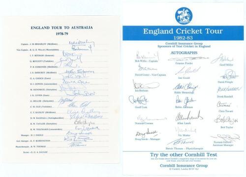 England tours to Australia 1978/79 and 1982/83. Two official autograph sheets with printed titles and players&rsquo; names. Both sheets nicely and fully signed in ink by the playing members of the touring parties. Players&rsquo; signatures are Brearley, Willis, Botha